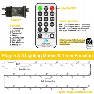 LYNNON LED Lichtketting 30m 1000 LED Buiten Waterdicht Feest Tuin — miniatuur 5