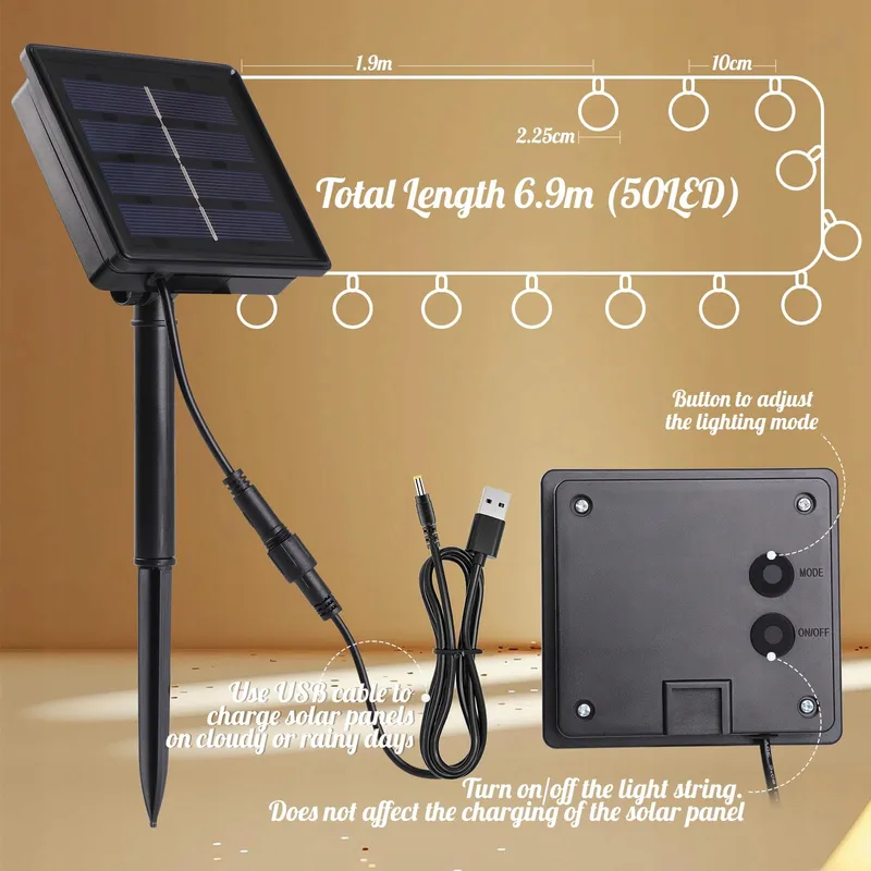 BIGQIN Solar Lichtsnoer 6,9M 50 LED IP65 8 Modi Warmwit — foto 2