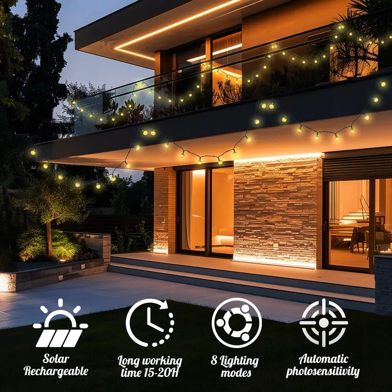 BIGQIN Solar Lichtsnoer 6,9M 50 LED IP65 8 Modi Warmwit — foto 5
