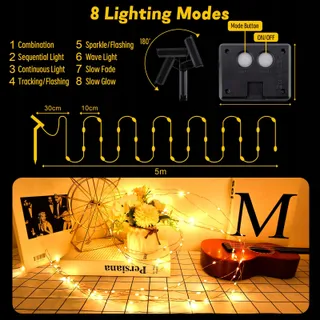 GCSTNN Solar Lichtsnoer Buiten 5M 50 LED 8 Standen IP65 Tuin Balkon — miniatuur 5