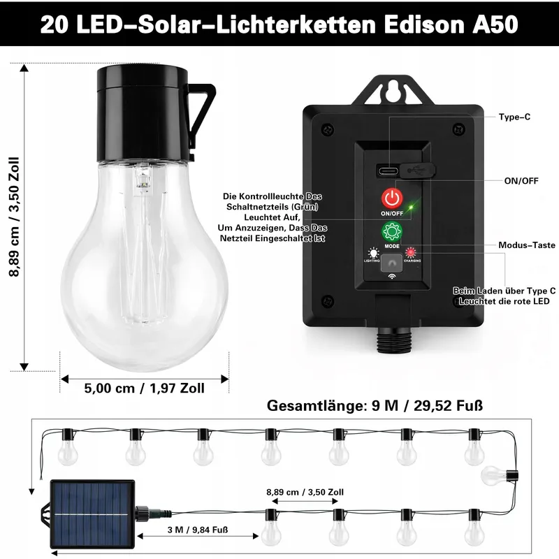 Solar Lichtketting Buiten 20 LED 9M Verlichting Balkon Tuin Terras — foto 2