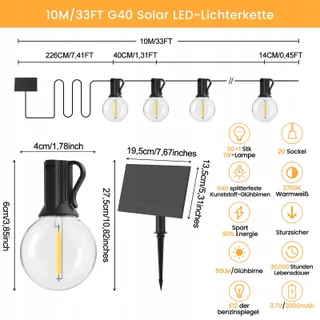 POGESTRAND Solar Lichtketting G40 10M USB 20 Lampen IP65 — miniatuur 2