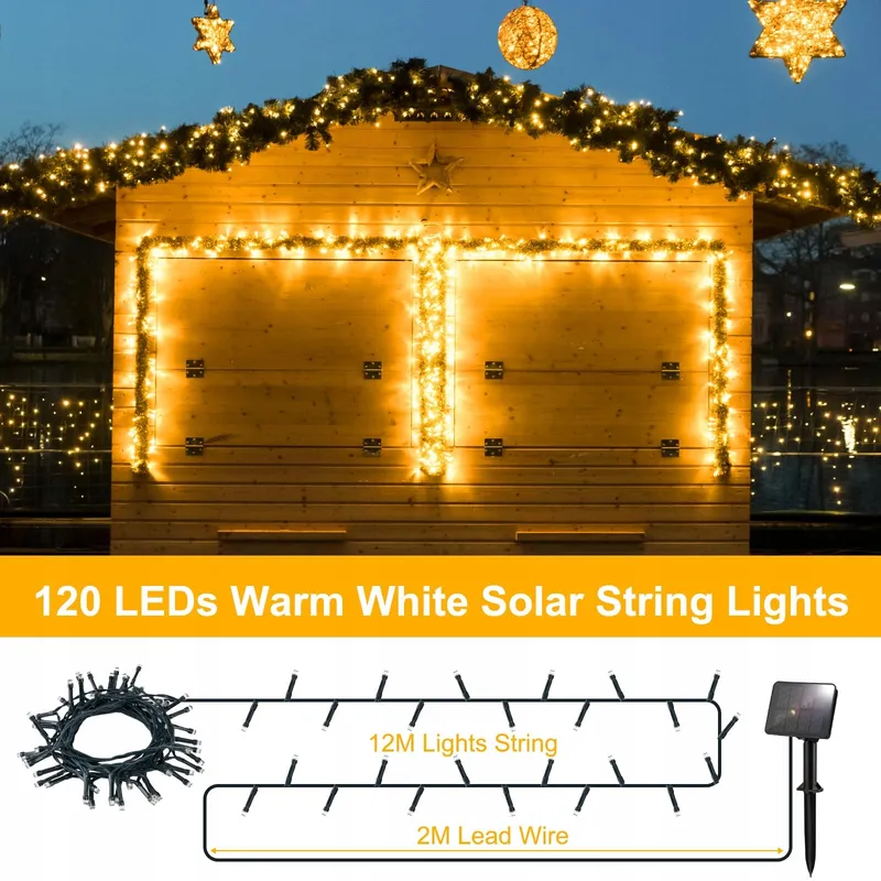 FFZZKJ Solar Lichtsnoer Buiten 12M 120LED IP65 Waterdicht Tuin Terras — foto 4