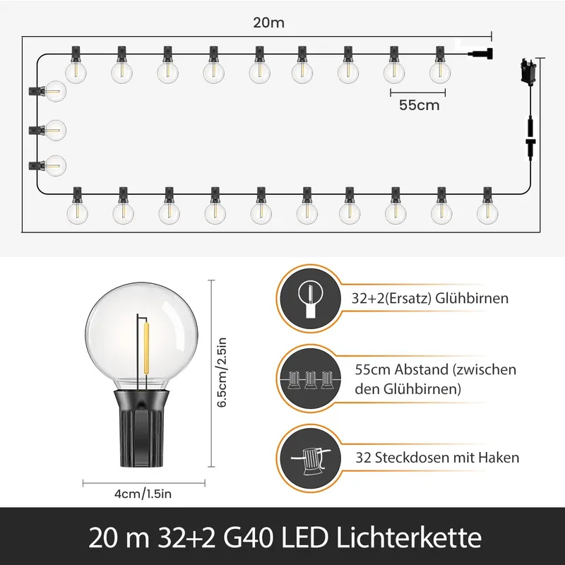 LED Lichtketting Buiten 20M Warmwit IP44 Waterdicht Balkon Terras — foto 3