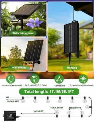 Solar LED Tuinlichtjes 17M 8 Modi Waterdicht Balkon Tuin Party — miniatuur 7
