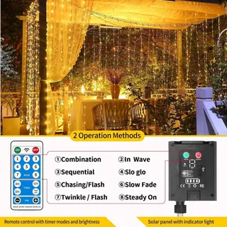 REDEFUN Solar Lichtgordijn 3x3m 300LED 8 Modi Waterdicht Afstandsbediening — miniatuur 7