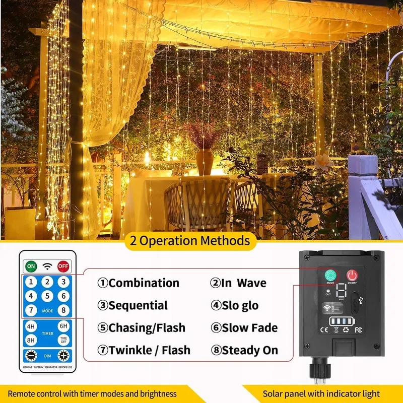 REDEFUN Solar Lichtgordijn 3x3m 300LED 8 Modi Waterdicht Afstandsbediening — foto 7