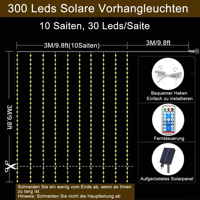 REDEFUN Solar Lichtgordijn 3x3m 300LED 8 Modi Waterdicht Afstandsbediening — foto 4