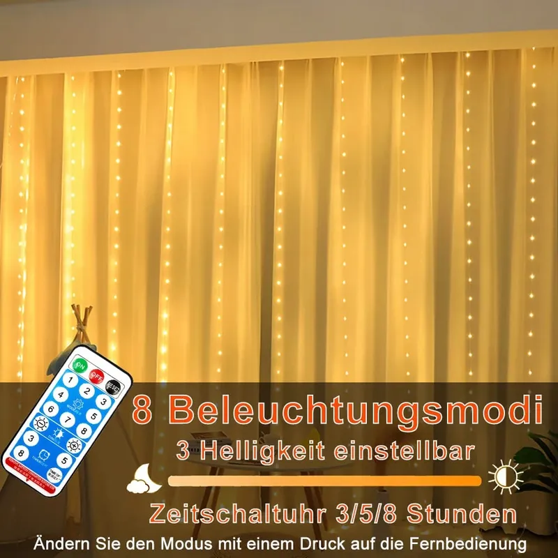 REDEFUN Solar Lichtgordijn 3x3m 300LED 8 Modi Waterdicht Afstandsbediening — foto 8