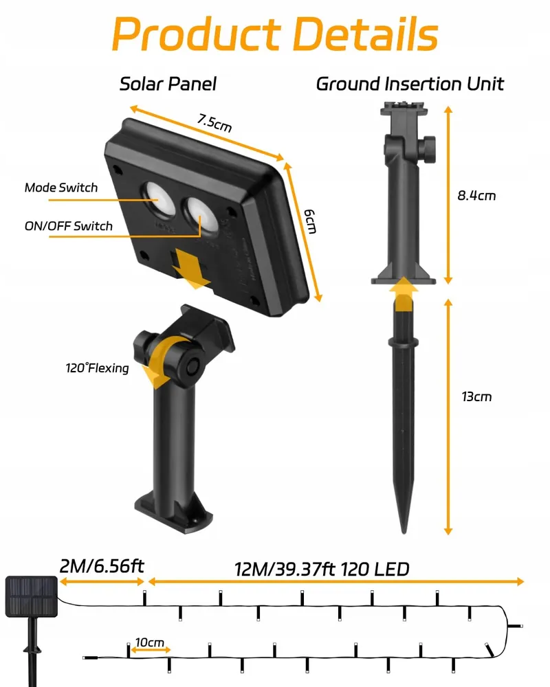 DALUGO Solar Lichtsnoer 12M 120 LED Warm Wit Tuin — foto 4