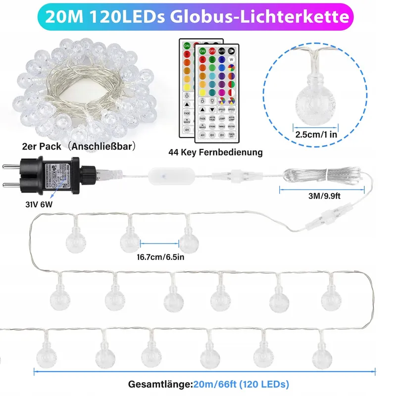 STARRYEVER Lichtsnoer Buiten 120 LED 20m 24 Kleuren Kristallen Bollen — foto 5