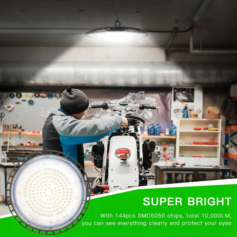 JINABLOSSY 100W UFO LED Industrielamp 6000K 10000LM IP65 Werkplaats — foto 2