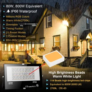 RGB LED Schijnwerper Buiten 80W Bluetooth App IP66 Waterdicht — miniatuur 2