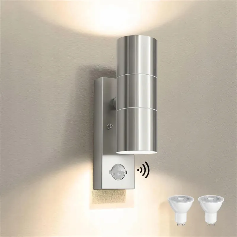 JNR LED Buitenlamp Roestvrij Staal Bewegingsmelder IP54 2x5W GU10 3000K — foto 1