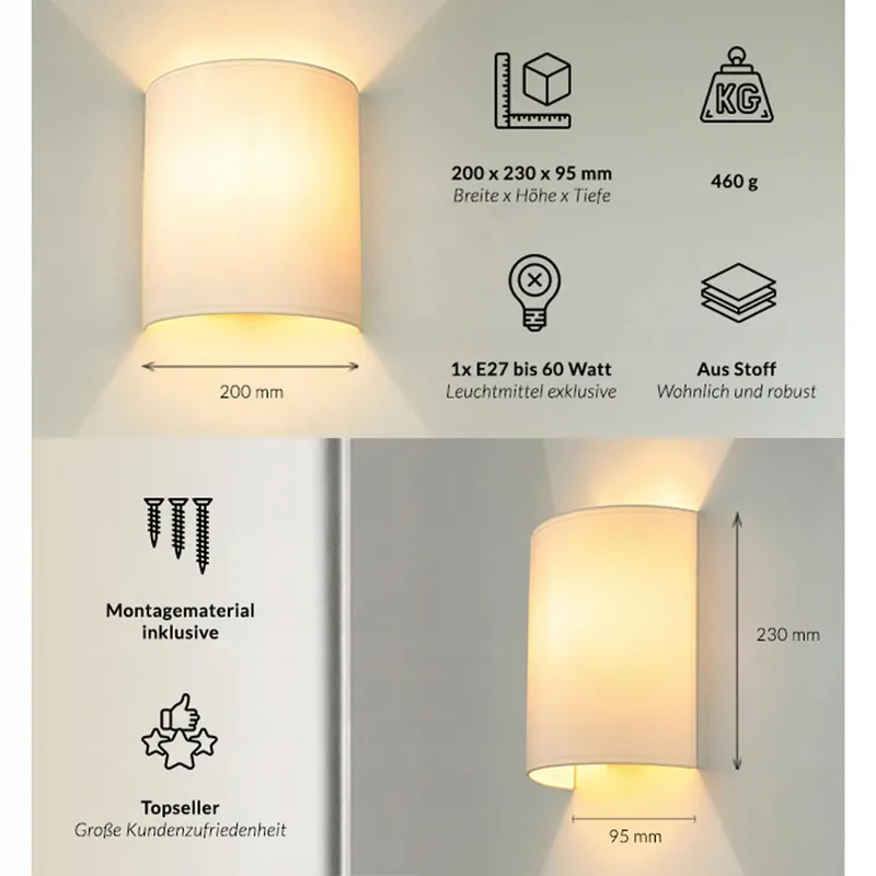 LICHTERLEBNISSE Wandlamp Stof Wit Woonkamer Slaapkamer E27 ALICE — foto 5