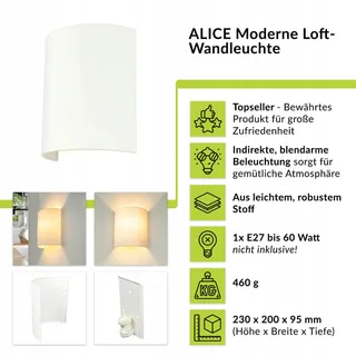 LICHTERLEBNISSE Wandlamp Stof Wit Woonkamer Slaapkamer E27 ALICE — miniatuur 7