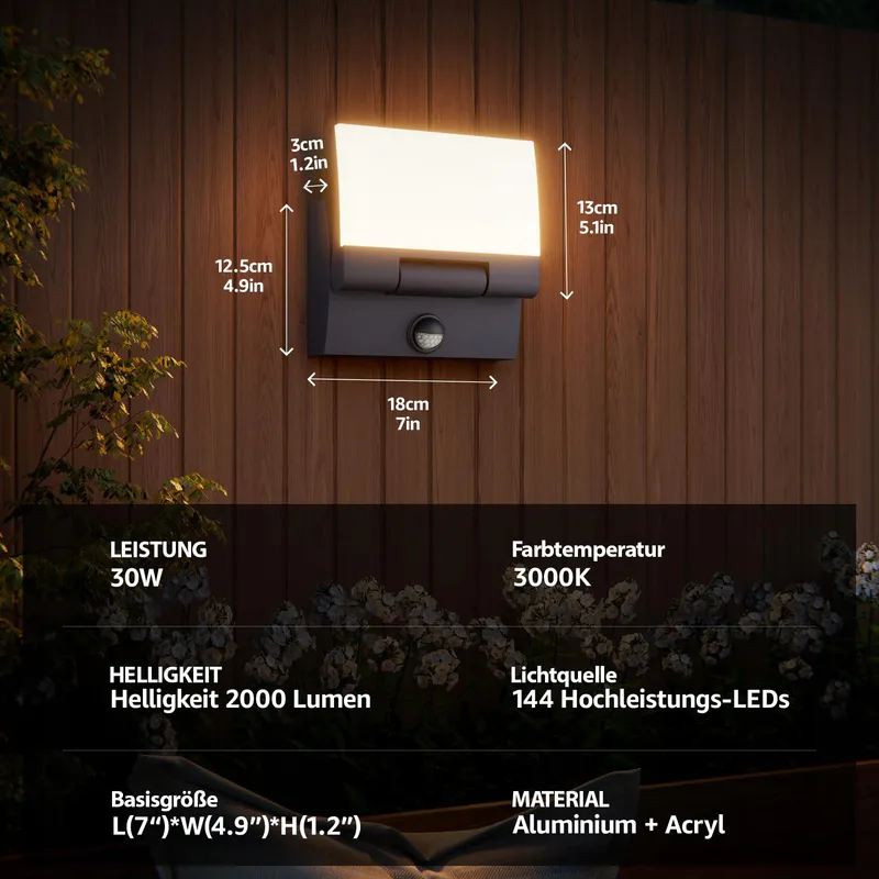 K-BRIGHT Buitenlamp LED 30W Bewegingsmelder IP65 3000K Antraciet — foto 6