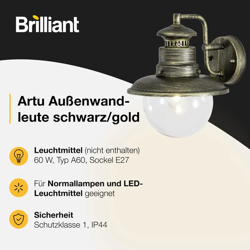 BRILLIANT Artu Buitenwandlamp Hangend Zwart Goud E27 60W IP44 — foto 3