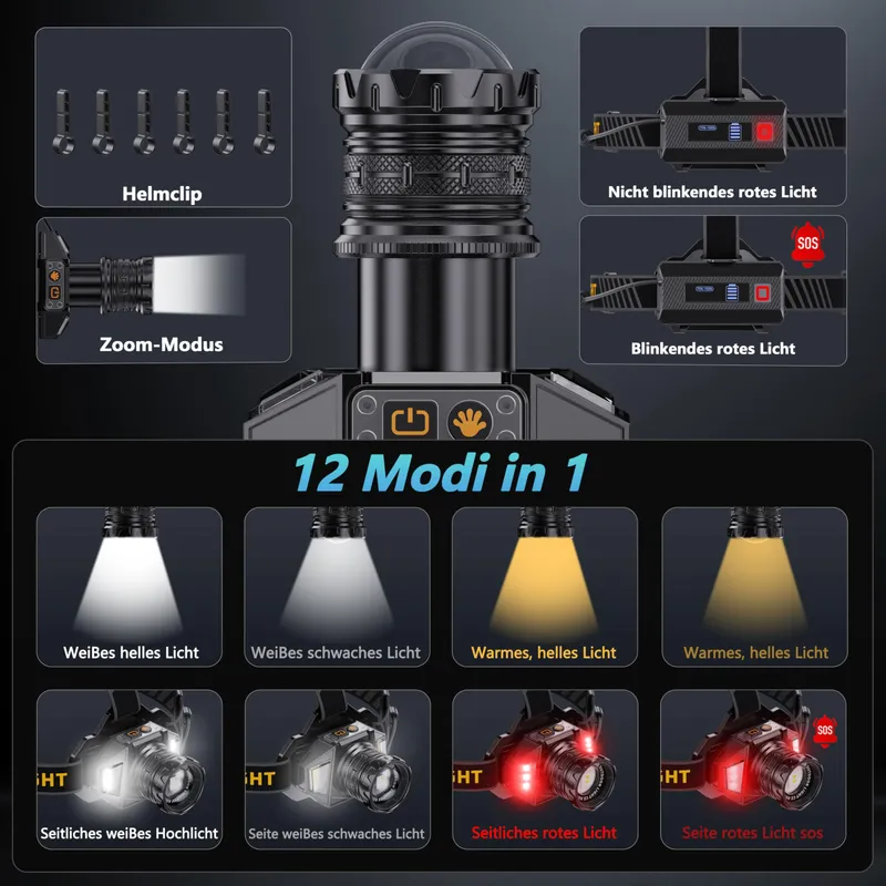 SIDARK LED Hoofdlamp Waterdicht 120000 Lux 12 Modi Camping — foto 3