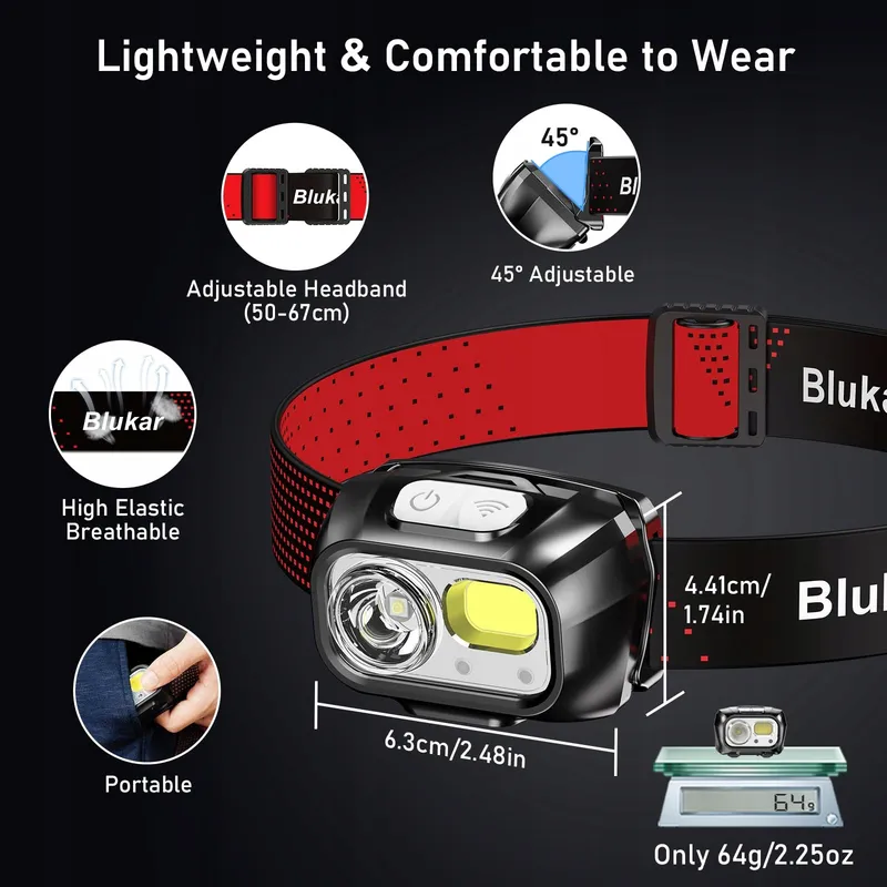 BLUKAR LED Hoofdlamp 2000L IPX5 Sensor Rood Licht — foto 8