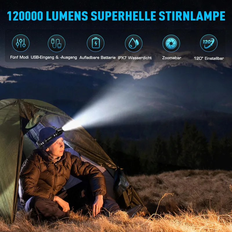 GLARYLIGHT LED Hoofdlamp 120000 Lumen 5 Modi IPX7 Waterdicht — foto 2