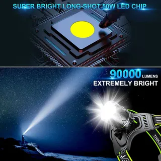 PEAKRO LED Hoofdlamp 90000 Lumen USB Camping Fietsen Vissen — miniatuur 2