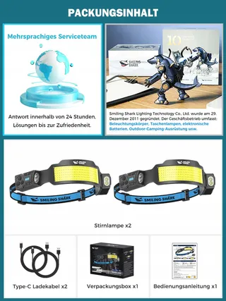 SMILING SHARK LED Hoofdlamp 2 Stuks 2400mAh Bewegingssensor — miniatuur 7
