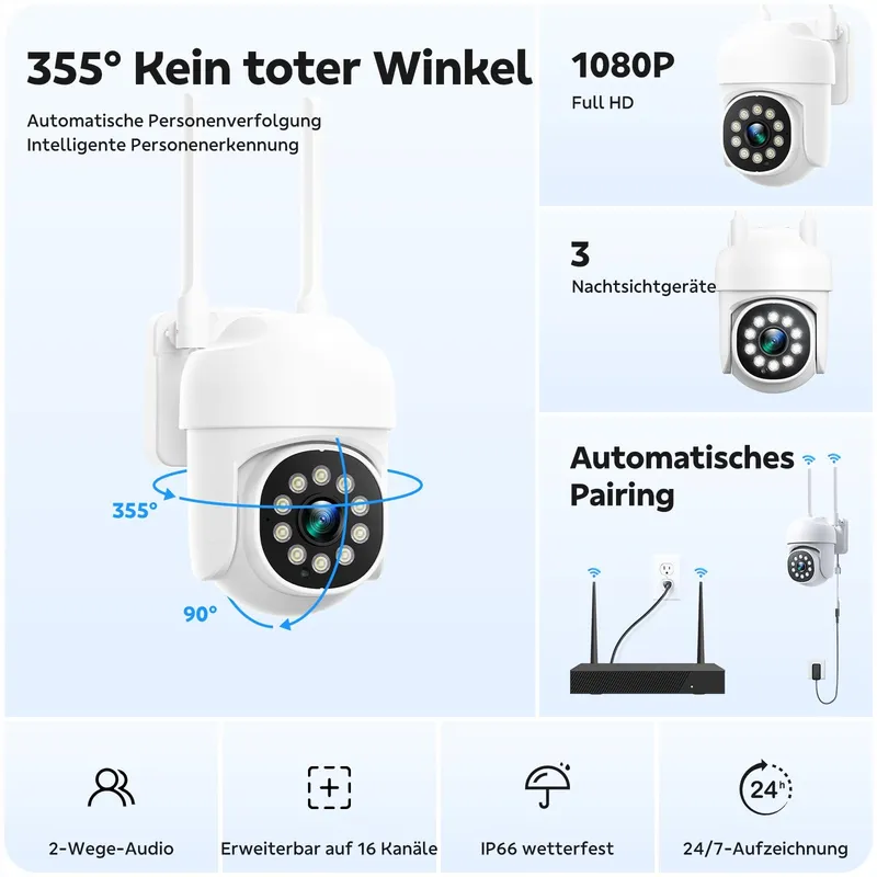 CAMPAMP Bewakingscamera Set WiFi 24/7 16CH NVR 500GB 2-weg Audio — foto 2