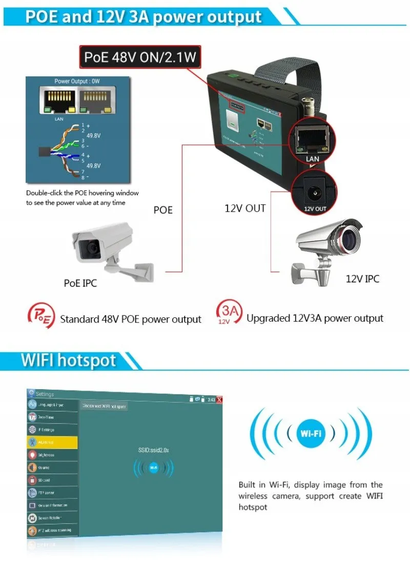 POMIACAM Cameratester Monitor 4K IP WiFi PoE 4 Inch 8MP 12V — foto 3