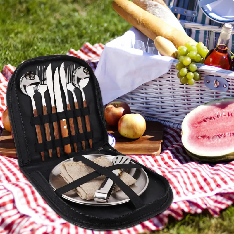 Camping Servies Set 2 Personen 12-delig RVS Houten Handvaten — foto 5