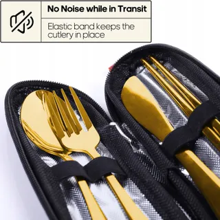 QUATISH Campingbestekset 5-delig Roestvrij Staal Gouden Etui — miniatuur 4