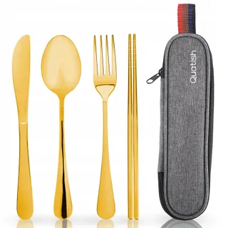 QUATISH Campingbestekset 5-delig Roestvrij Staal Gouden Etui — miniatuur 2