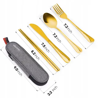 QUATISH Campingbestekset 5-delig Roestvrij Staal Gouden Etui — miniatuur 1