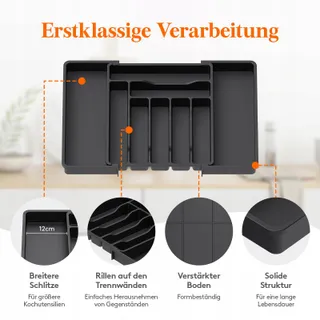 LIFEWIT Verstelbare Bestekbak Lade 33-57cm Zwart — miniatuur 6
