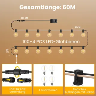 YUUSEI LED Lichtsnoer Buiten 60M Afstandsbediening G40 IP45 Warmwit — miniatuur 4