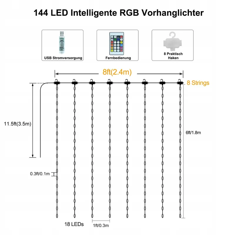 ZAIYW RGB Lichtgordijn 144 LED 24Mx18M App Afstandsbediening — foto 7