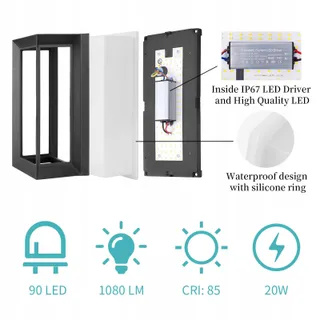KLIGHTEN 20W Buitenwandlamp IP65 1080 Lumen 3000K Zwart — miniatuur 2