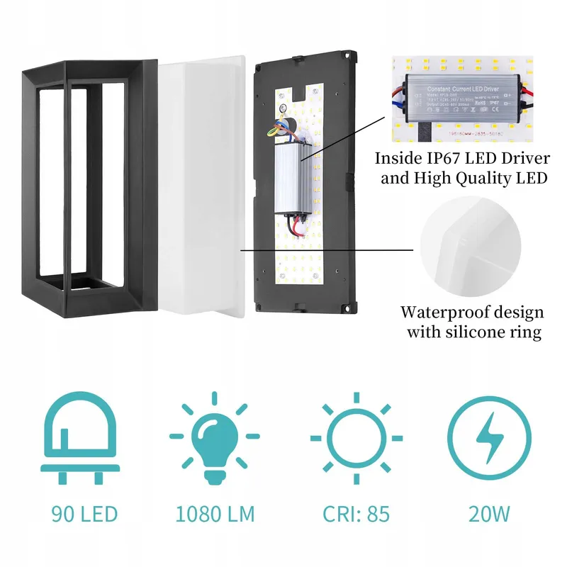 KLIGHTEN 20W Buitenwandlamp IP65 1080 Lumen 3000K Zwart — foto 2