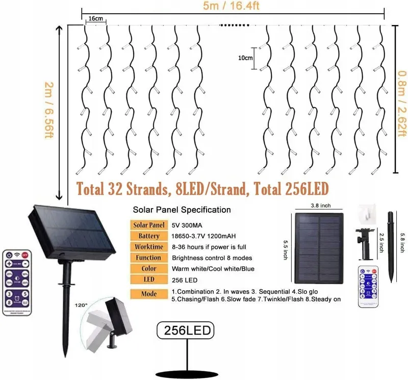 ERWAWEE Solar IJsregen Lichtketting 7M 8 Modi Waterdicht Buiten — foto 3