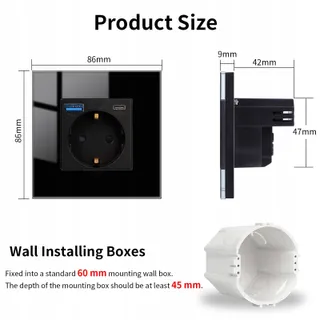 JIMEIDA Glazen USB Stopcontact Zwart 20W 16A 250V 86x86mm — miniatuur 2