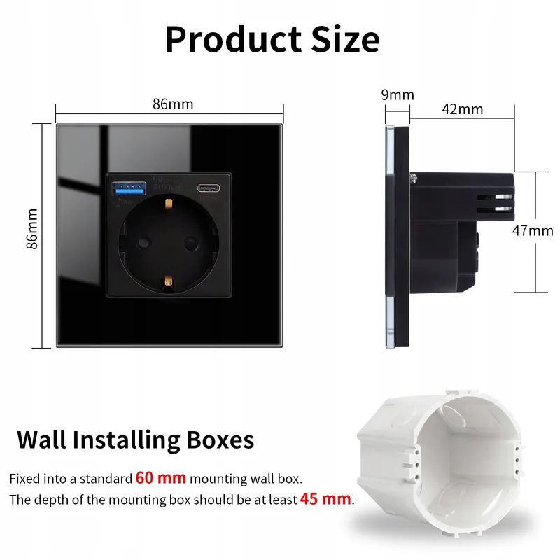 JIMEIDA Glazen USB Stopcontact Zwart 20W 16A 250V 86x86mm — foto 2