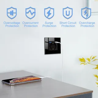 JIMEIDA Glazen USB Stopcontact Zwart 20W 16A 250V 86x86mm — miniatuur 3