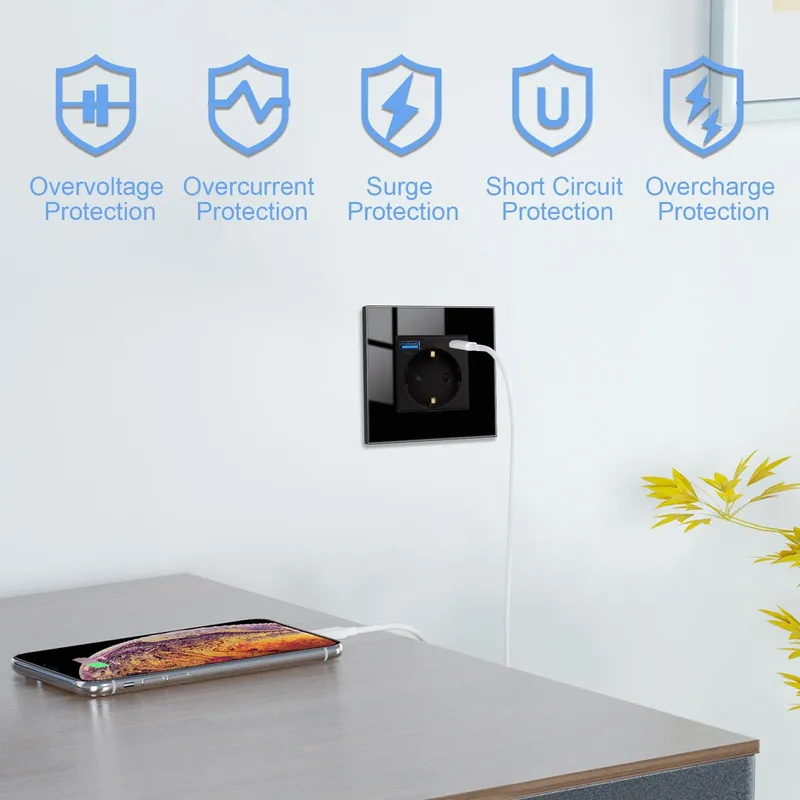 JIMEIDA Glazen USB Stopcontact Zwart 20W 16A 250V 86x86mm — foto 3