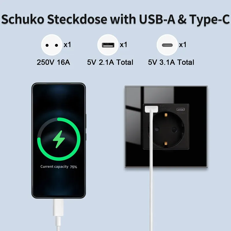 JIMEIDA Glazen USB Stopcontact Zwart 20W 16A 250V 86x86mm — foto 7