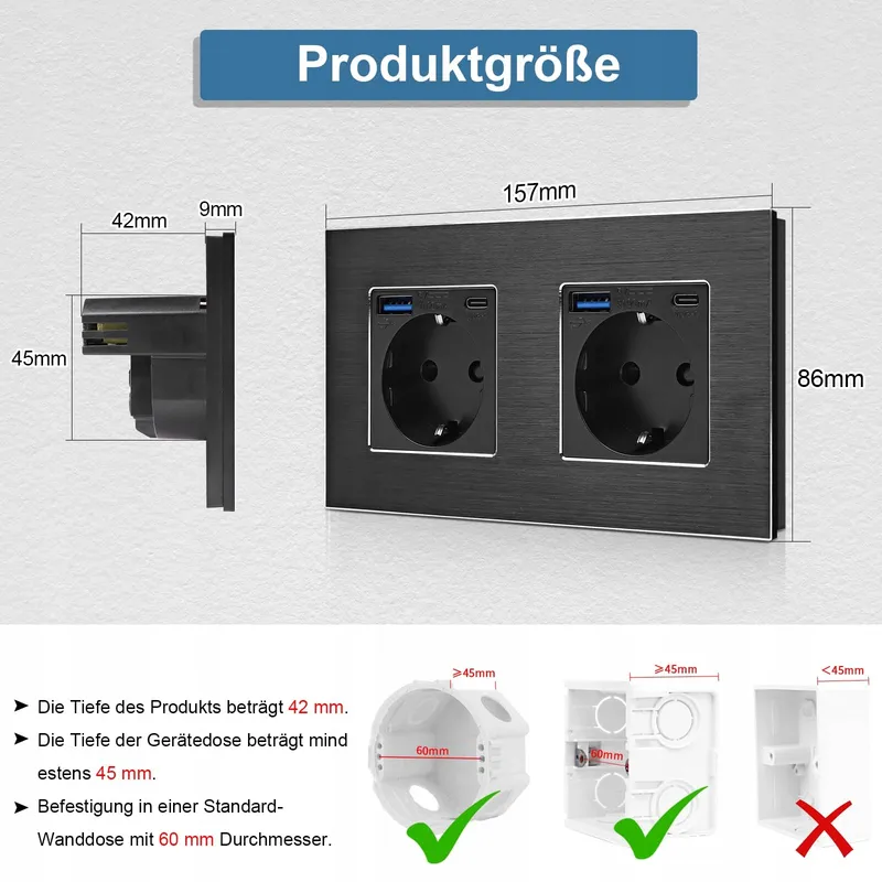 CNBINGO Schuko Stopcontact Inbouw USB C/A 20W Zwart — foto 2