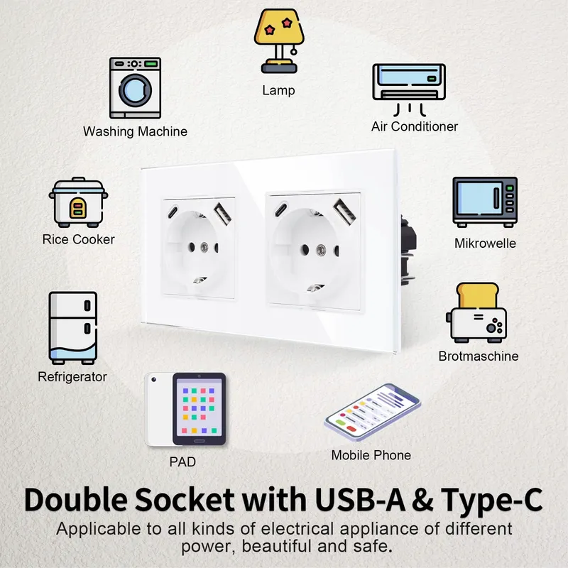JIMEIDA Dubbel Stopcontact USB 16A Type C Wit 157x86mm — foto 6