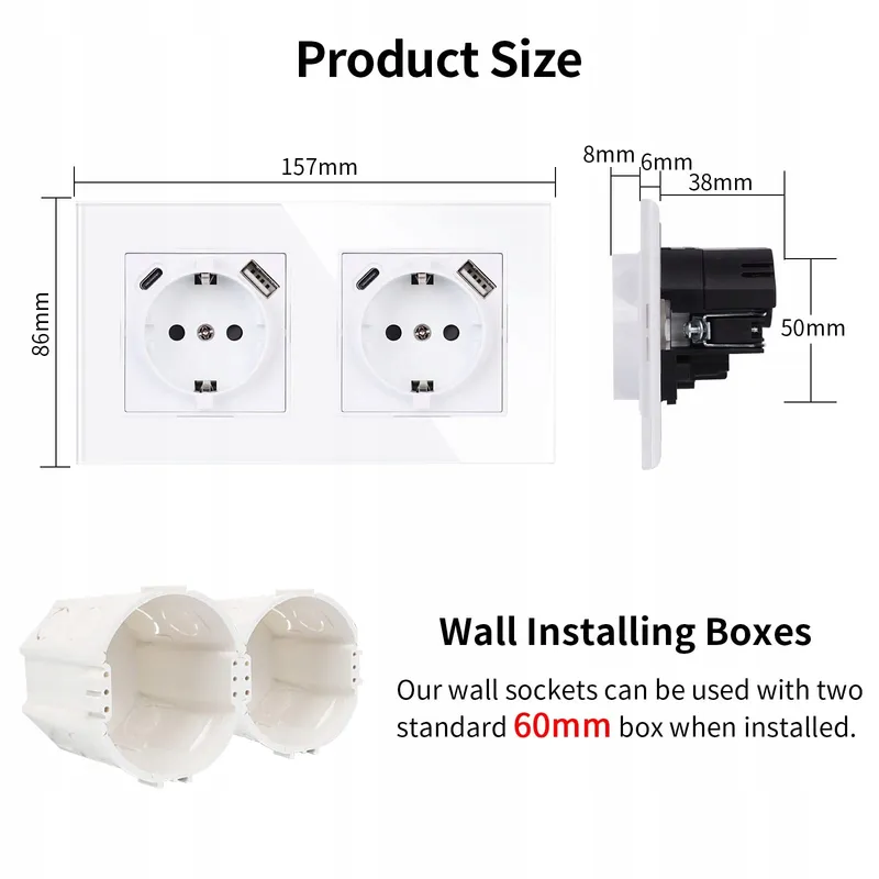 JIMEIDA Dubbel Stopcontact USB 16A Type C Wit 157x86mm — foto 2