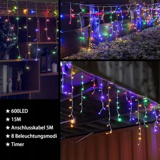 INTERGO LED Lichtgordijn Buiten 15M 600 LED 8 Modi Kleuren — miniatuur 3