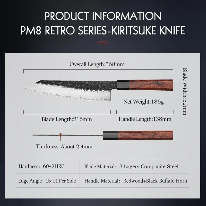 HEZHEN Kiritsuke Mes 21,5cm Japans Staal Redwood Handvat — foto 2