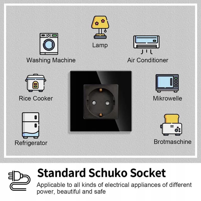 JIMEIDA Enkel Glazen Stopcontact Zwart Schuko 16A 250V Inbouw — foto 2